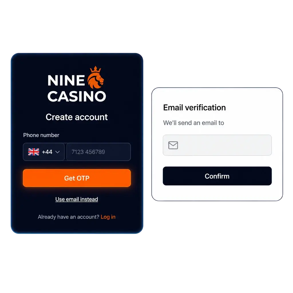 Nine Casino registration and login screen